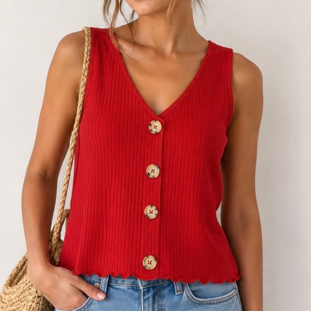 No Boundaries Ribbed Red‎ Tank Top Button Front Lettuce Hem Stretch Size Medium